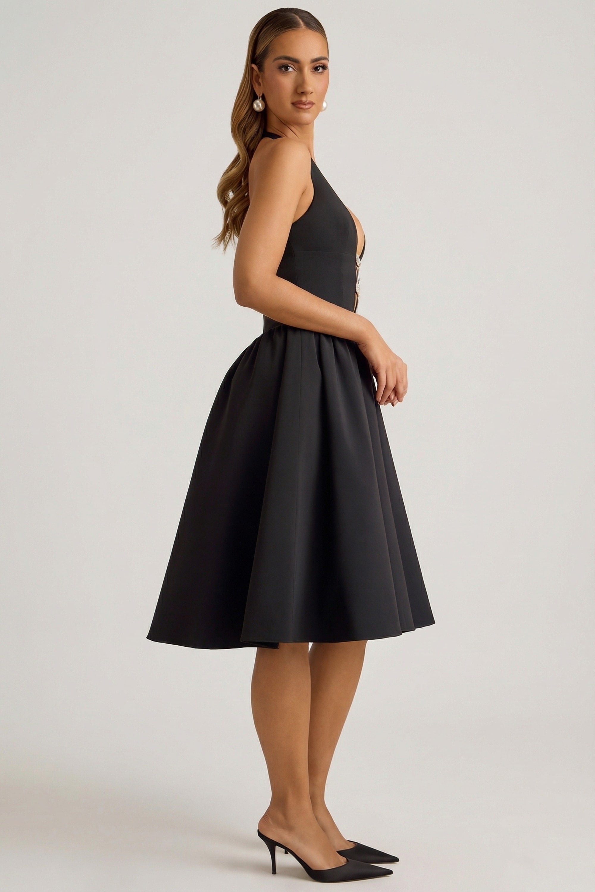 Halterneck Bow-Detail Midi Dress in Black