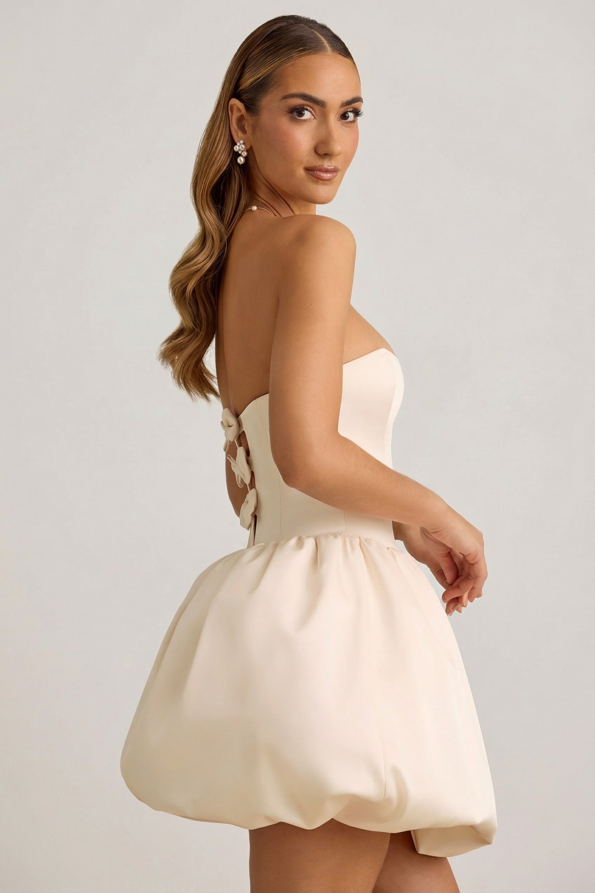 Convertible Bow-Detail Bubble Hem Midaxi Dress in Ivory