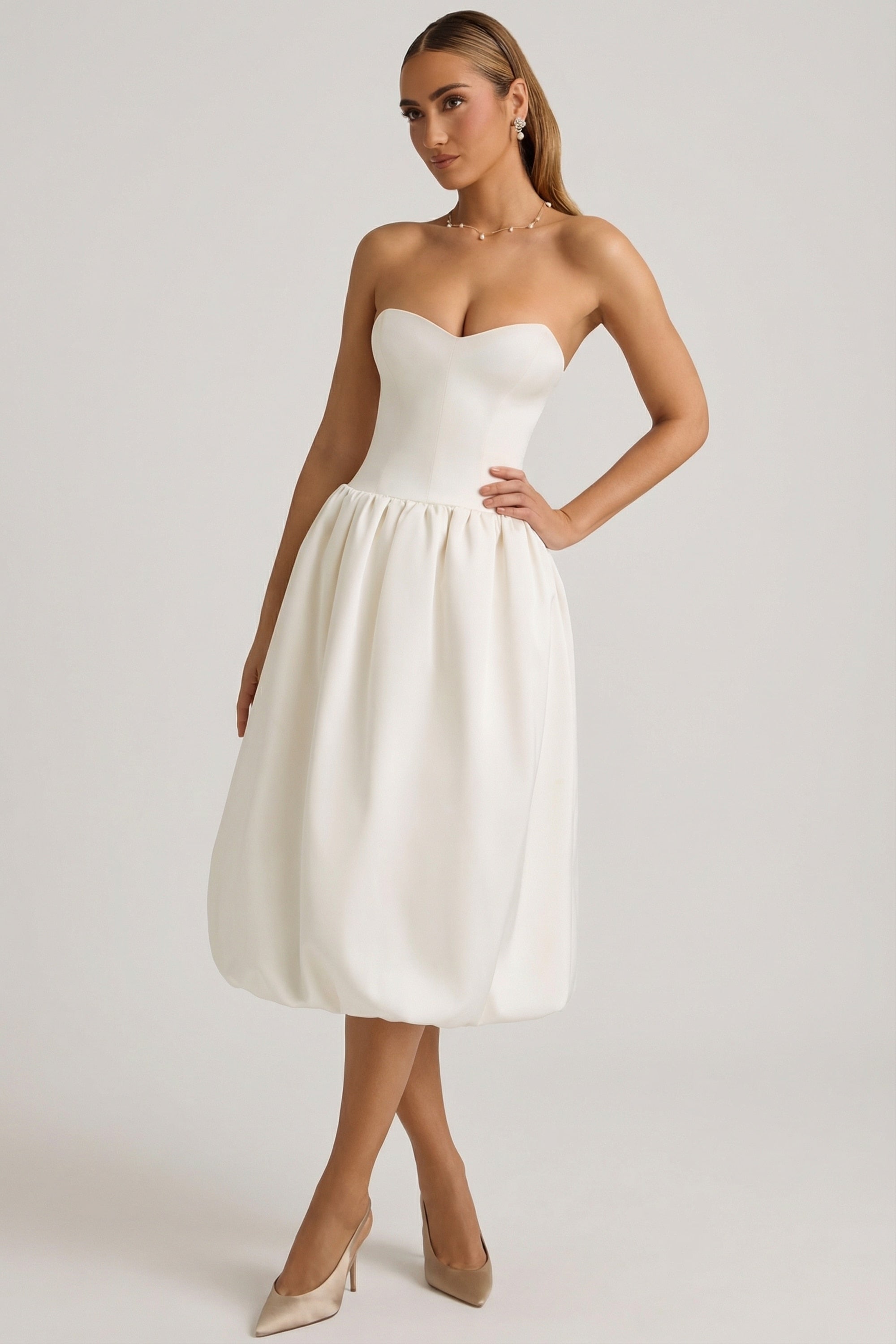 Convertible Bow-Detail Bubble Hem Midaxi Dress in Ivory